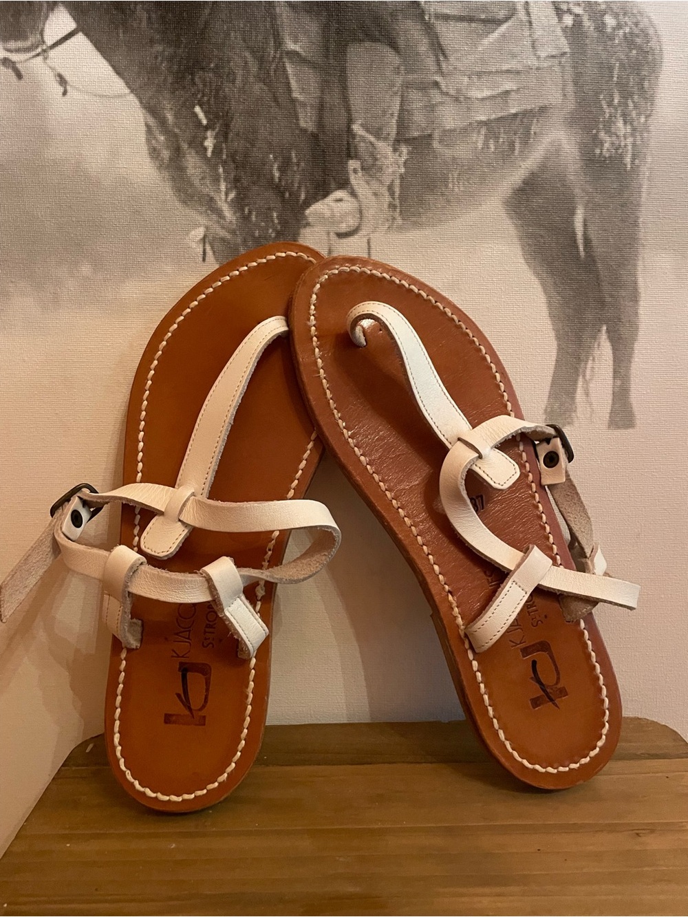 Leather T-Strap Flat Sandals in White and Tan authentic K Jacques size 37(6.5/7)